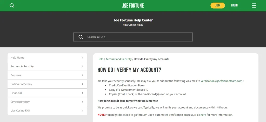 Current official view of Joe Fortune