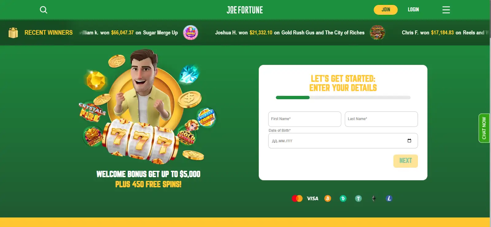 Current official view of the Joe Fortune homepage showing the brand, welcome-offer headline and game navigation