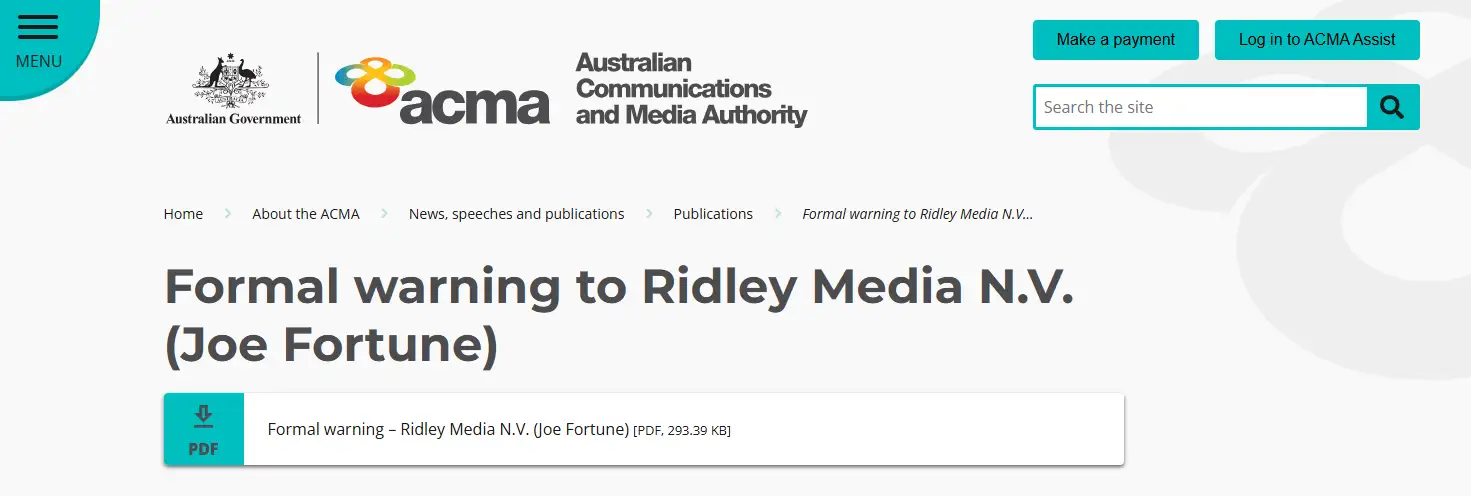 Current official view of the ACMA formal warning concerning Ridley Media N.V. and Joe Fortune