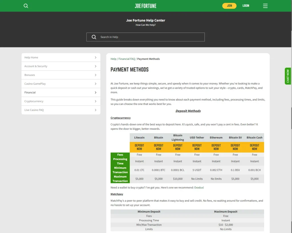 Current official view of the Joe Fortune payment help page showing deposit and withdrawal methods