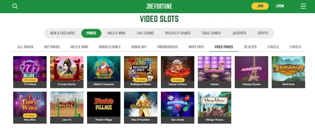 Current official view of the Joe Fortune video-slots lobby with category navigation and game tiles visible