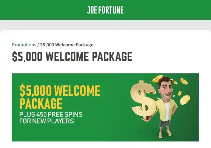 Current official view of the Joe Fortune welcome package showing the live headline offer and deposit structure