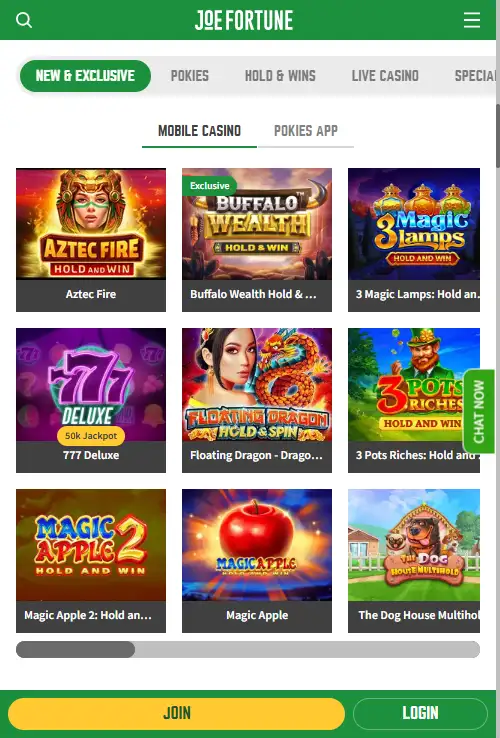 Current official view of the Joe Fortune mobile casino page