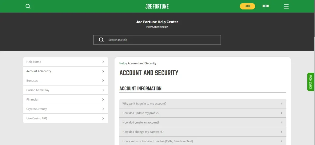 Current official view of the Joe Fortune account and security area