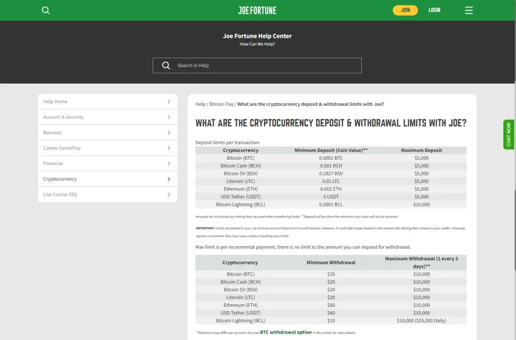 Current official view of the Joe Fortune cryptocurrency limits help page