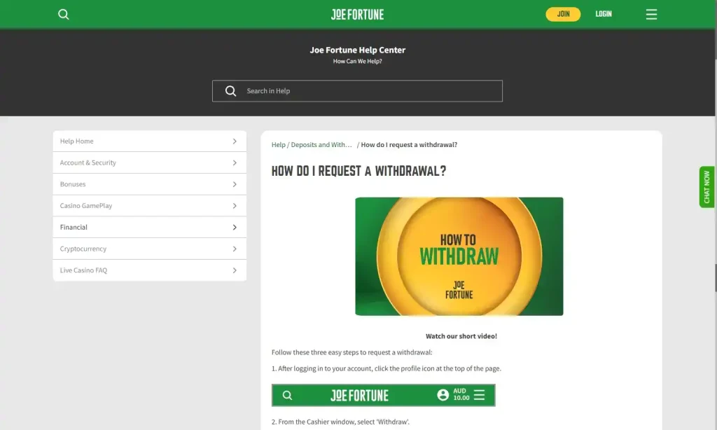 Current official view of the Joe Fortune withdrawal help page showing the cashout request flow
