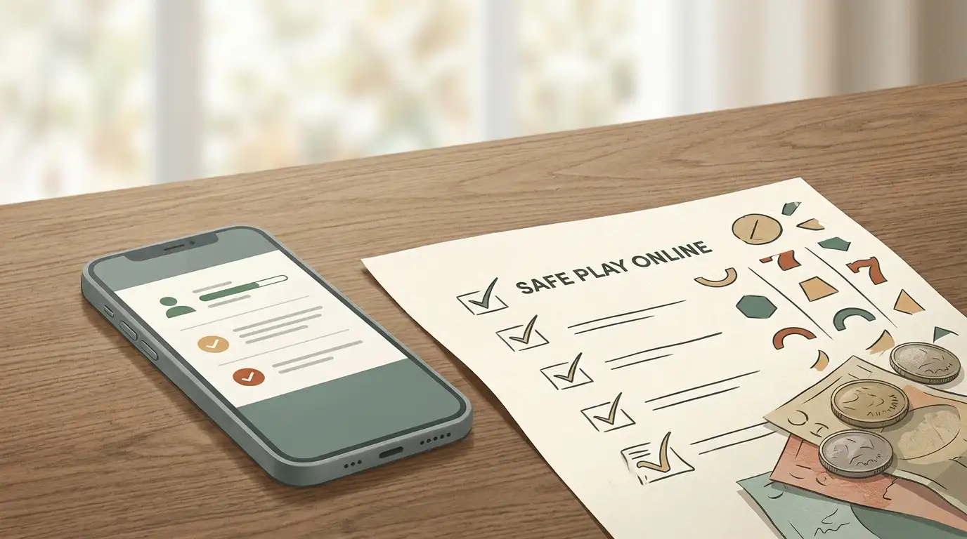 Editorial illustration of an Australian casino review desk with mobile phone, Australian currency cues, pokies symbols and a verification checklist